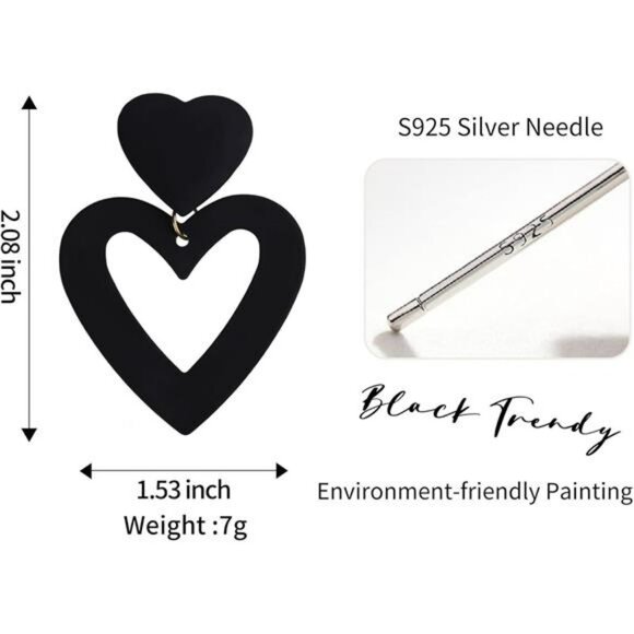 Black Double Heart Dangle Earrings Love Drop Earrings for Women Valentines Gift - Picture 6 of 7